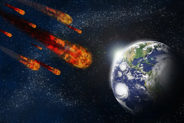 asteroid and earth planet on starfield abstract background. illu