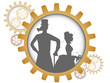 Silhouettes of steampunk couple inside shadow gear