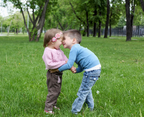 Wall Mural - happy sister and brother outdoors