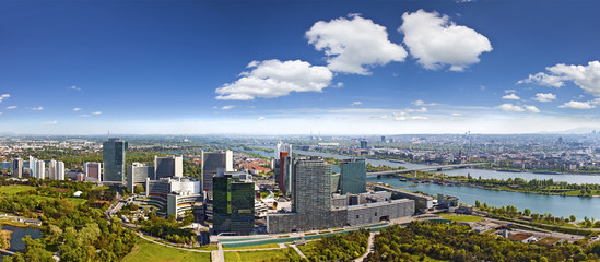 Very Detailed Skyline of Vienna Danube with wonderful cloudscape