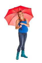 Pregnant Woman With Umbrella Isolated On White