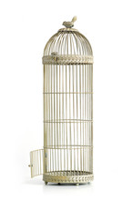 Vintage Bird Cage With Open Door Over White Background.