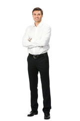 Full body portrait of happy smiling business man, isolated