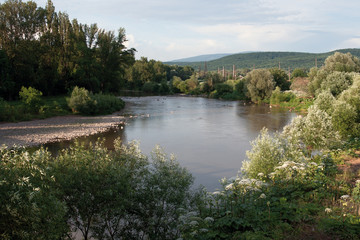 River Uzh whiche devide Uzhhorod city on two parts. Ukraine.