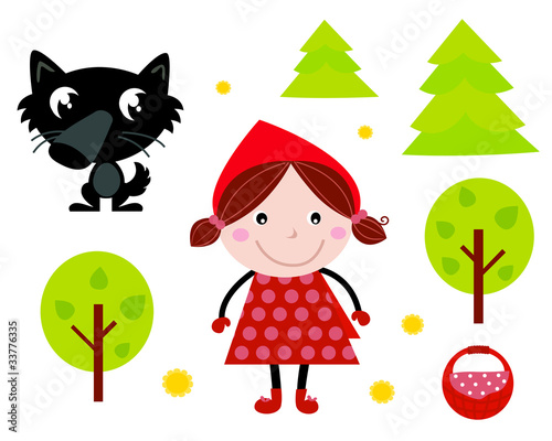 Tapeta ścienna na wymiar Cute Red Riding Hood, Wold & Accessories, Icons. Vector
