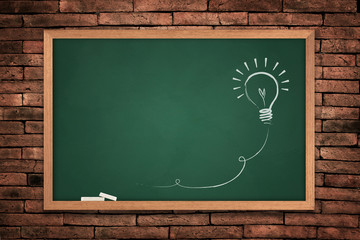 Drawing of a bulb idea green board on wall background
