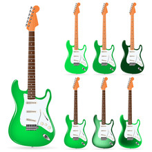 Set Of Green Electric Guitars Isolated On White Background