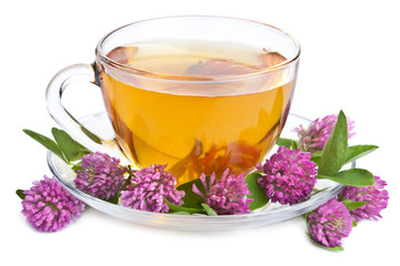 Poster - herbal tea and clover flowers isolated