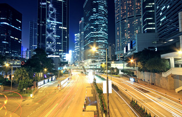 Traffic through the city (traffic seen as trails of light)