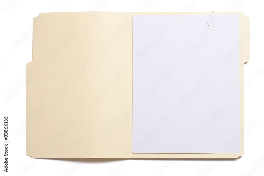 Blank opened file folder with empty white paper - obrazy, fototapety, plakaty 