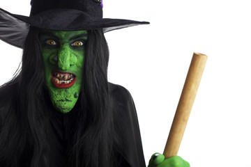 Green witch on her broom, white background.