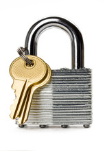 Closeup Of Padlock With Keys Isolated On White
