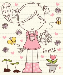 Wall Mural - Vector Cute Little Girl with Flower Bunch