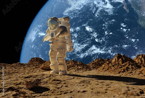 Naklejka ścienna Astronauta na planecie z widokiem na Ziemie
