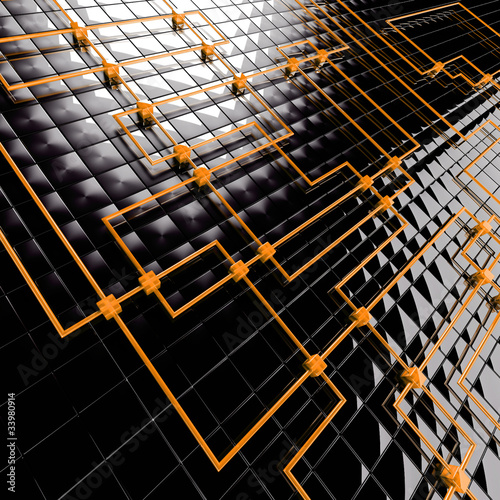 Abstract background from black metal big and orange small cubes