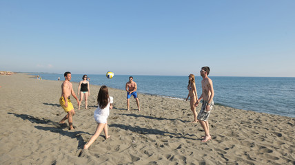 Wall Mural - young people group have fun and play beach volleyball