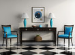 Vintage wenge, console table with blu chairs and checker floor
