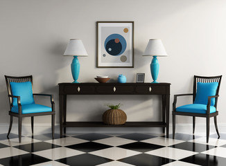 Wall Mural - Vintage wenge, console table with blu chairs and checker floor