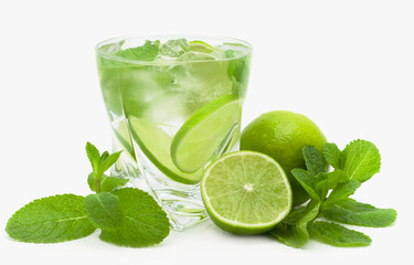 Canvas Print - mojito, limes and mint isolated on a white background