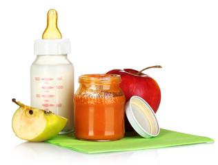 baby food, bottle and fruit isolated on white