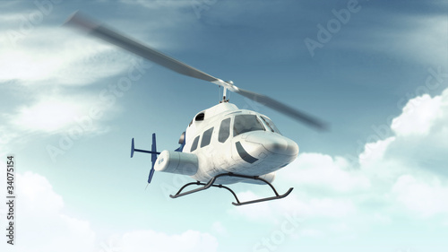Fototapeta na wymiar Helicopter flight in blue clouds sky