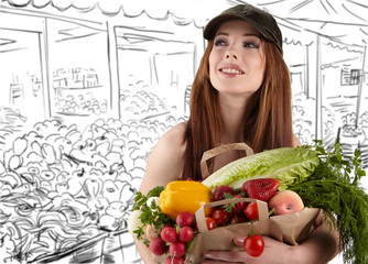 woman holding a bag full of healthy food. shopping .