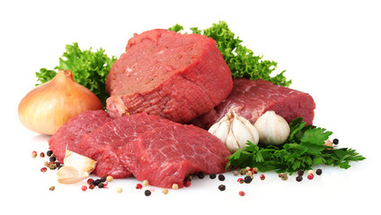 Wall Mural - raw meat, vegetables and spices isolated on white