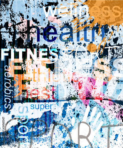 Naklejka na drzwi FITNESS. Word Grunge collage on background.