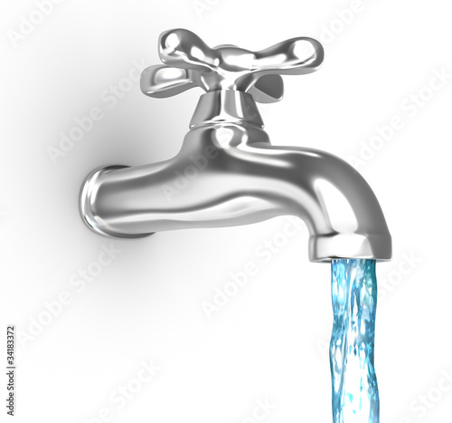 Fényképezés  Chrome tap with a water stream.  Isolated on white