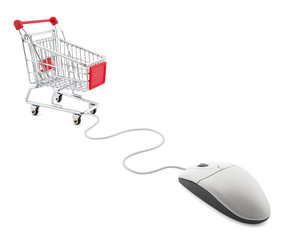 Fototapete - Internet shopping. Computer mouse and shopping cart.