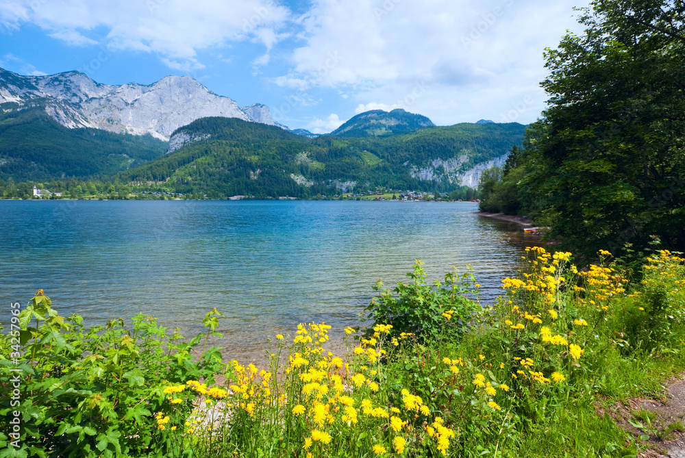 Alpine summer lake view - obrazy, fototapety, plakaty 