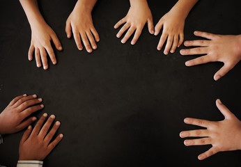 School children on black board, copy space