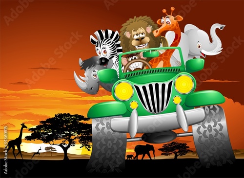 Plakat na zamówienie Geep Animali Selvaggi Cartoon Savana-Wild Animals On Jeep