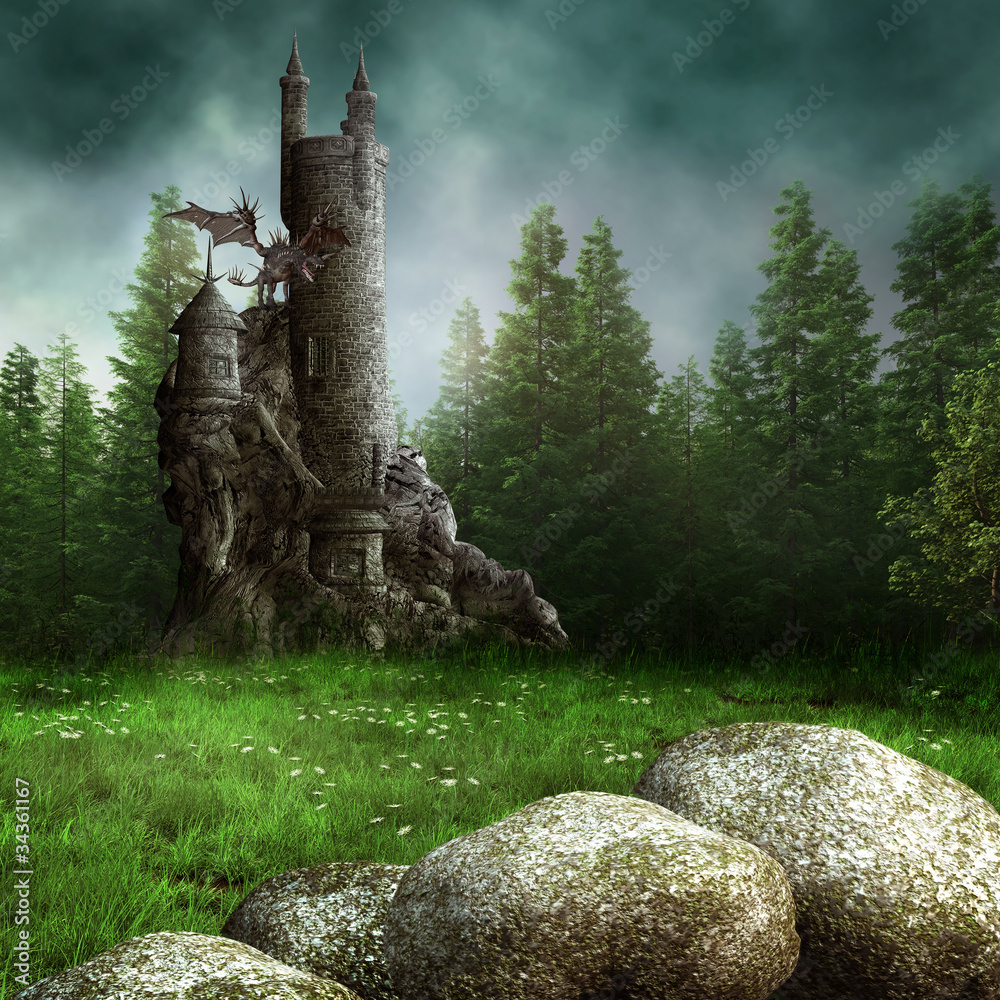 Zamek fantasy w lesie - obrazy, fototapety, plakaty 