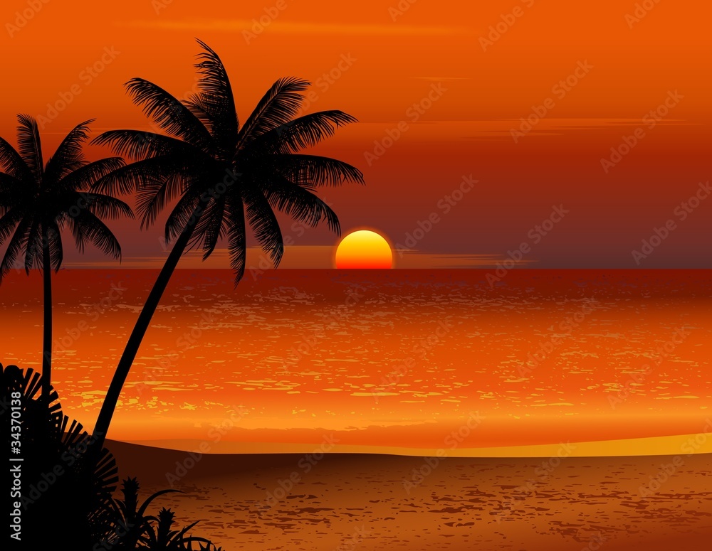 tropical beach sunset - obrazy, fototapety, plakaty 