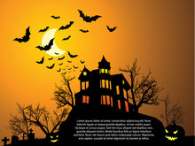 Halloween With Haunted House, Bats And Pumpkin