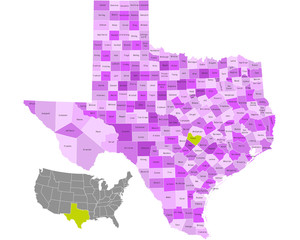 Texas state counties map with boundaries and names