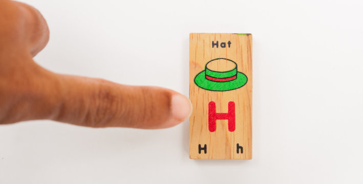 wording  H  for kid with finger pointing  isolated on white