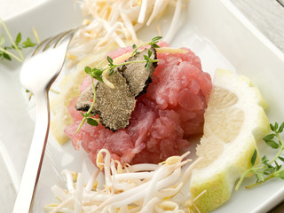 Poster - tuna tartar with truffle and soy sprouts