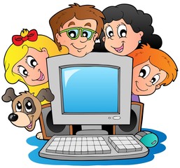 Wall Mural - Computer with cartoon kids and dog