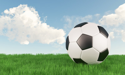 Leather soccer ball on green grass field with blue cloudy sky