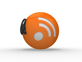 3d illustration of rss symbol with headset, orange sphere over w