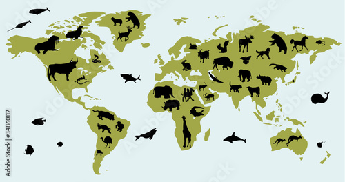 Fototapeta na wymiar Mapa świata z symbolami zwierząt