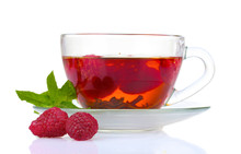 Black Tea, Mint And Raspberry In Cup Isolated On White