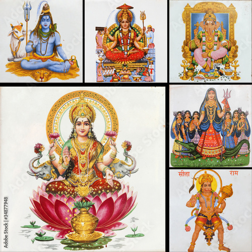 collage with painted tiles with Lakshmi and other hindu gods Stock