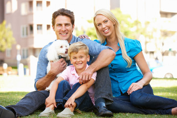 Couple in city park with young son and dog