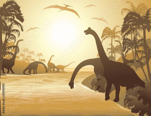 Fototapeta dla dzieci Dinosauri Paesaggio Tropicale-Dinosaurs Tropical Seascape