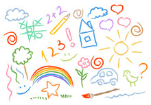 Children Drawing Multicolored Symbols Vector Set