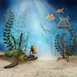Podwodna sceneria z żółwiem i muzycznymi instrumentami