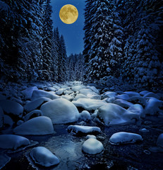 Sticker - winter river with golden moon